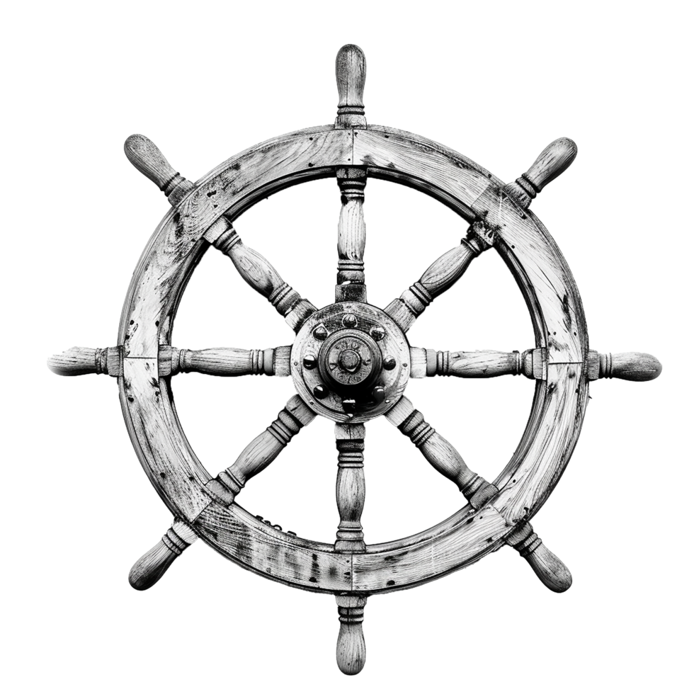 A weathered antique ship's wheel in black and white photography with a radial background png