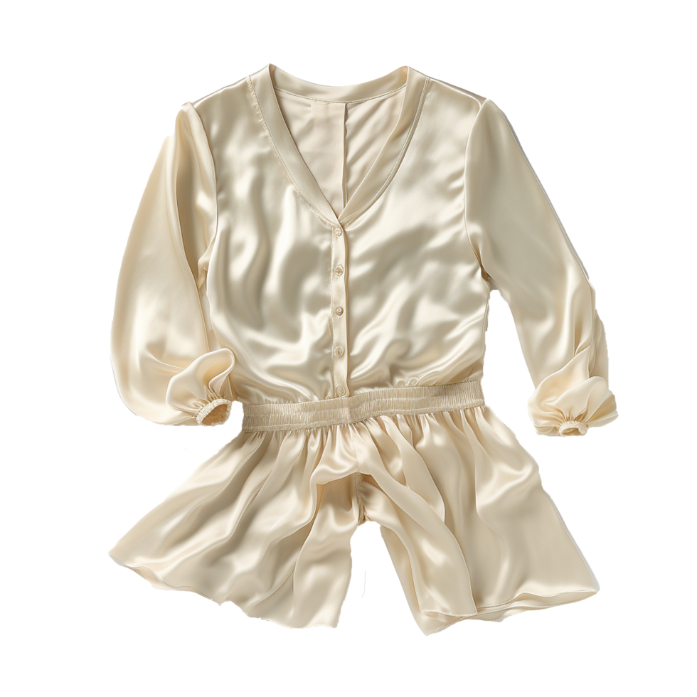 Elegant CreamColored Silk Satin Blouse with ButtonDown Front and Elastic Waist png