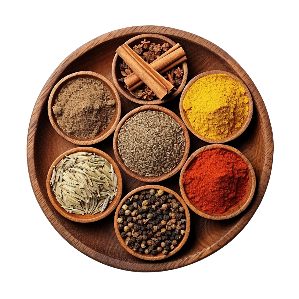 Aromatic Collection of Spices in Wooden Bowls Culinary Herbs and Seasonings for Cooking png