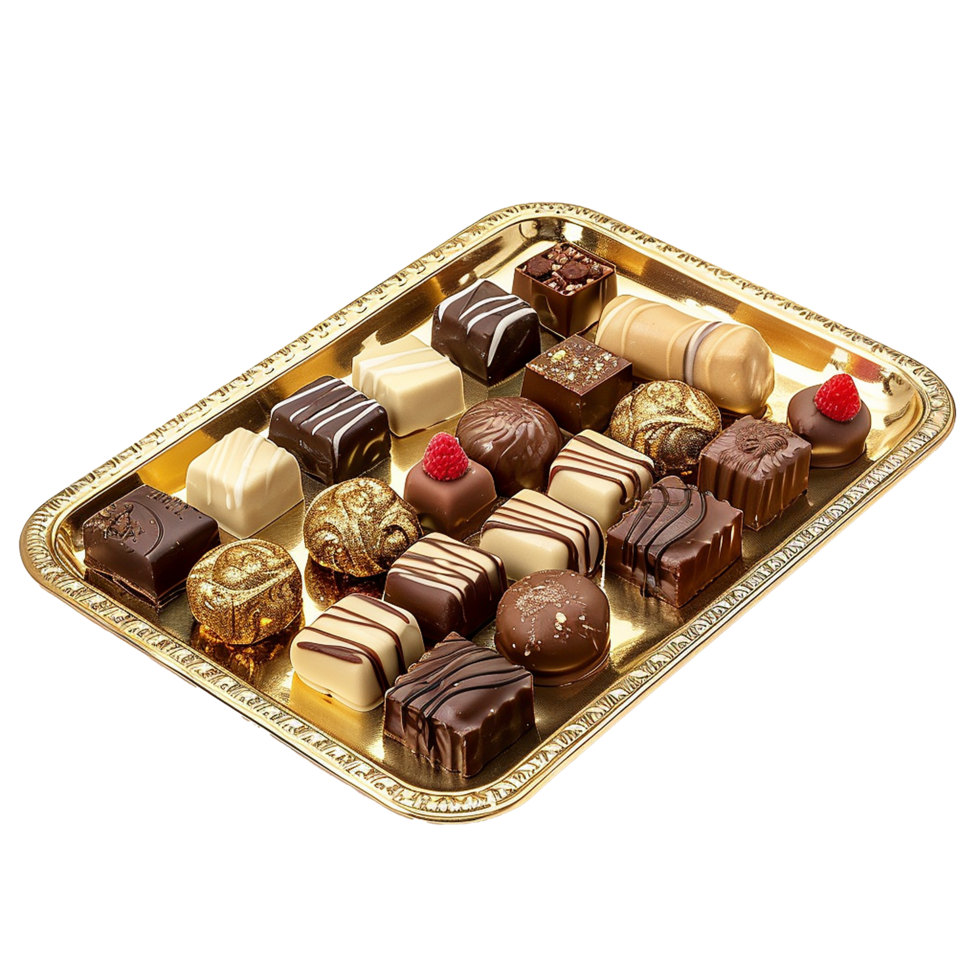 An assortment of gourmet chocolates arranged on a gold tray png