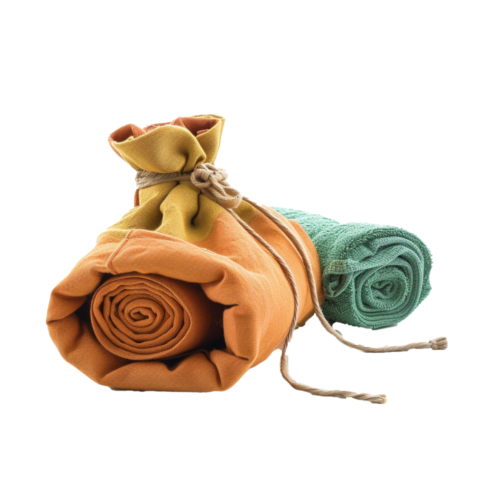 Rolled towels in a fabric bag tied with a jute string, a cozy and travelready set png