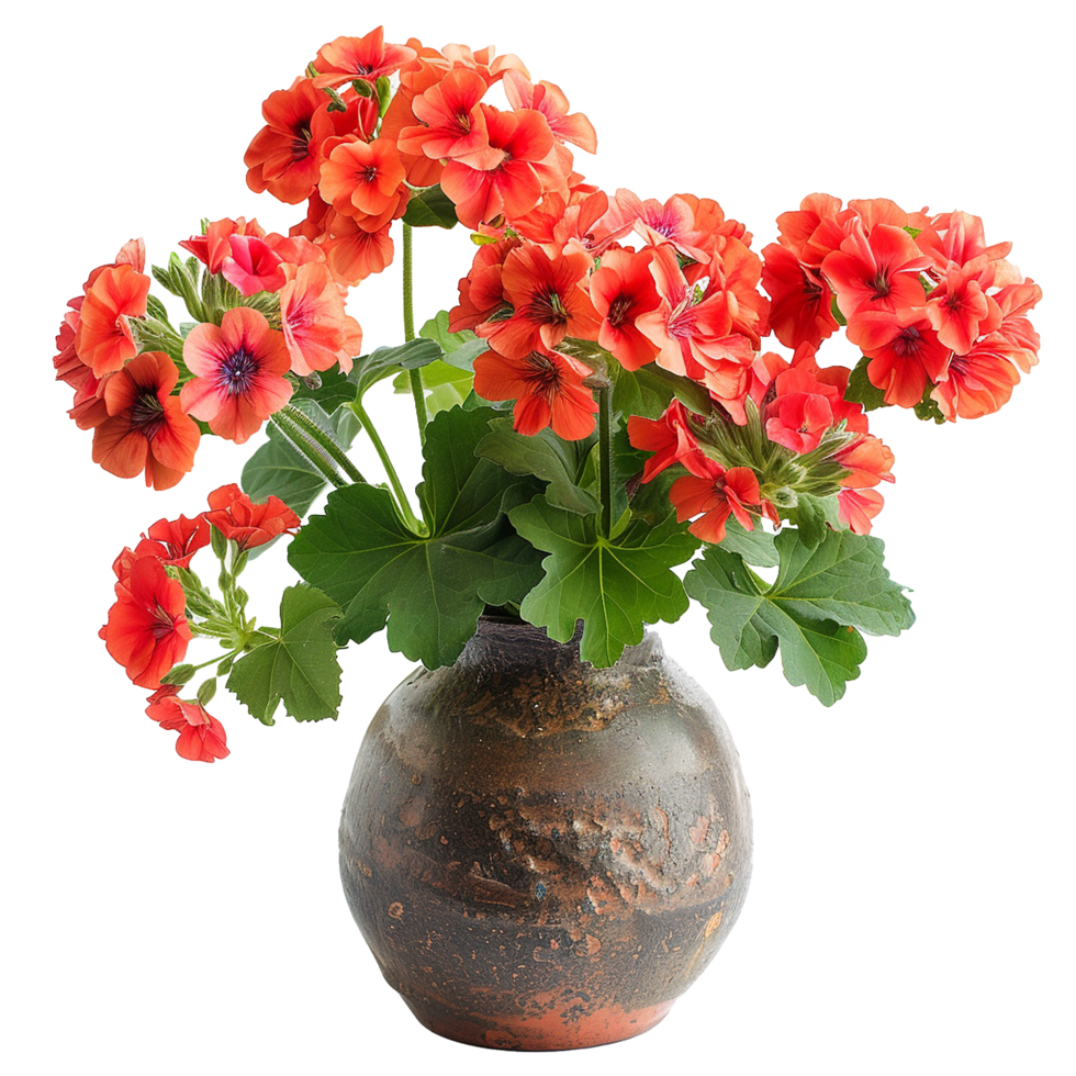 Vibrant Orange Geraniums in a Rustic Brown Pottery Vase A Stunning Floral Arrangement png