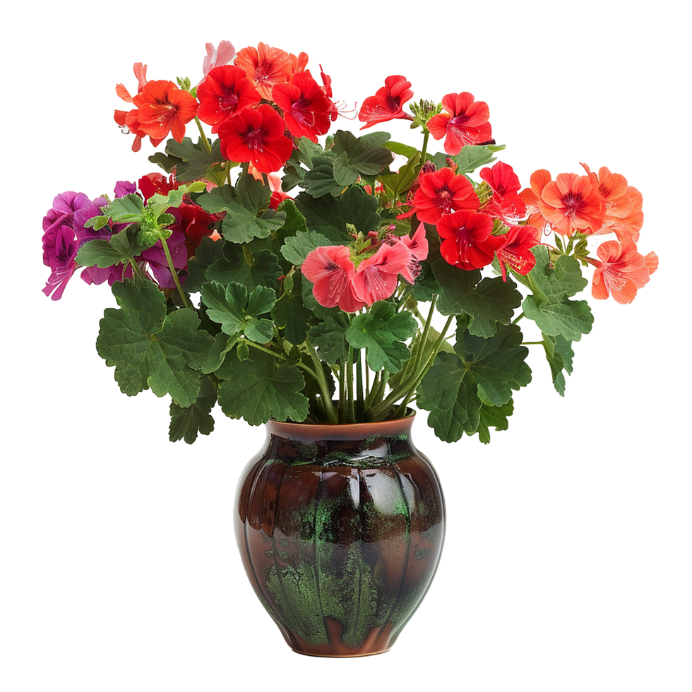 Vibrant Geranium Bouquet in a Dark Green Vase A Stunning Display of Red Orange and Purple Flowers png