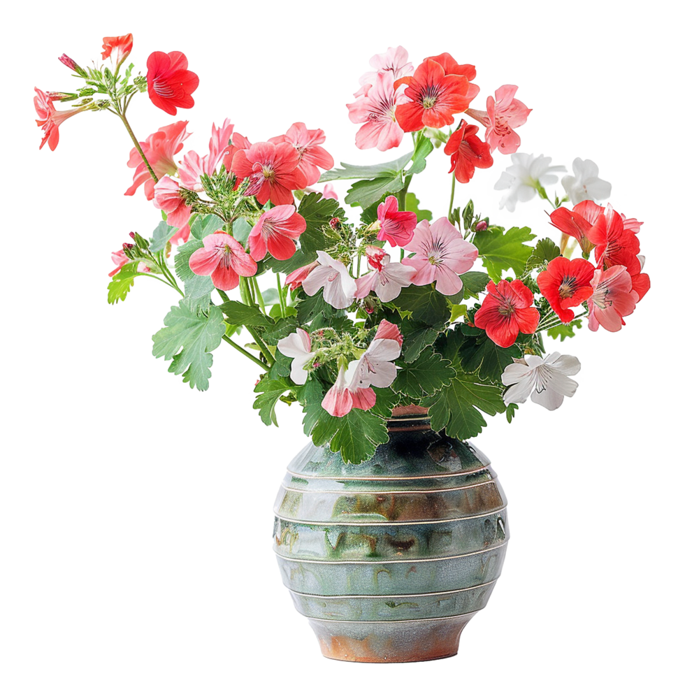 A Stunning Bouquet of Pink and Red Geraniums in a Green Ceramic Vase png
