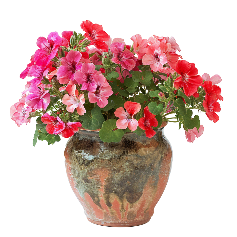 Vibrant Pink and Red Geraniums in a Rustic Earthenware Pot A Stunning Floral Arrangement png