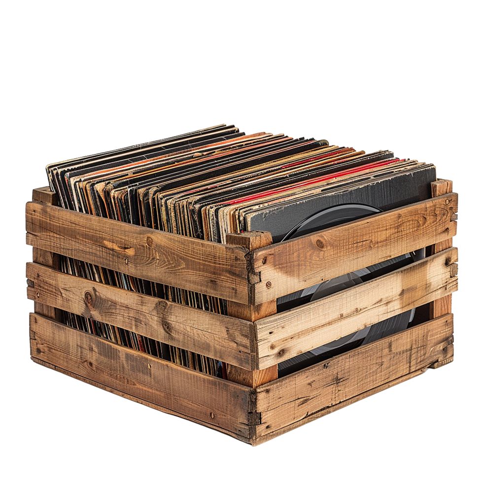 A Rustic Wooden Crate Overflowing with a Collection of Vintage Vinyl Records png