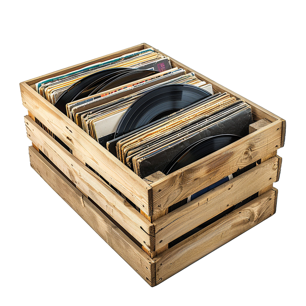 A Wooden Crate Filled with Vintage Vinyl Records Collection png