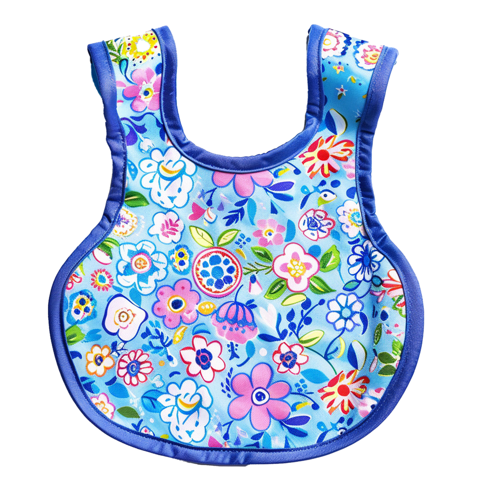 Adorable Baby Bib with Vibrant Floral Pattern and Blue Trim png