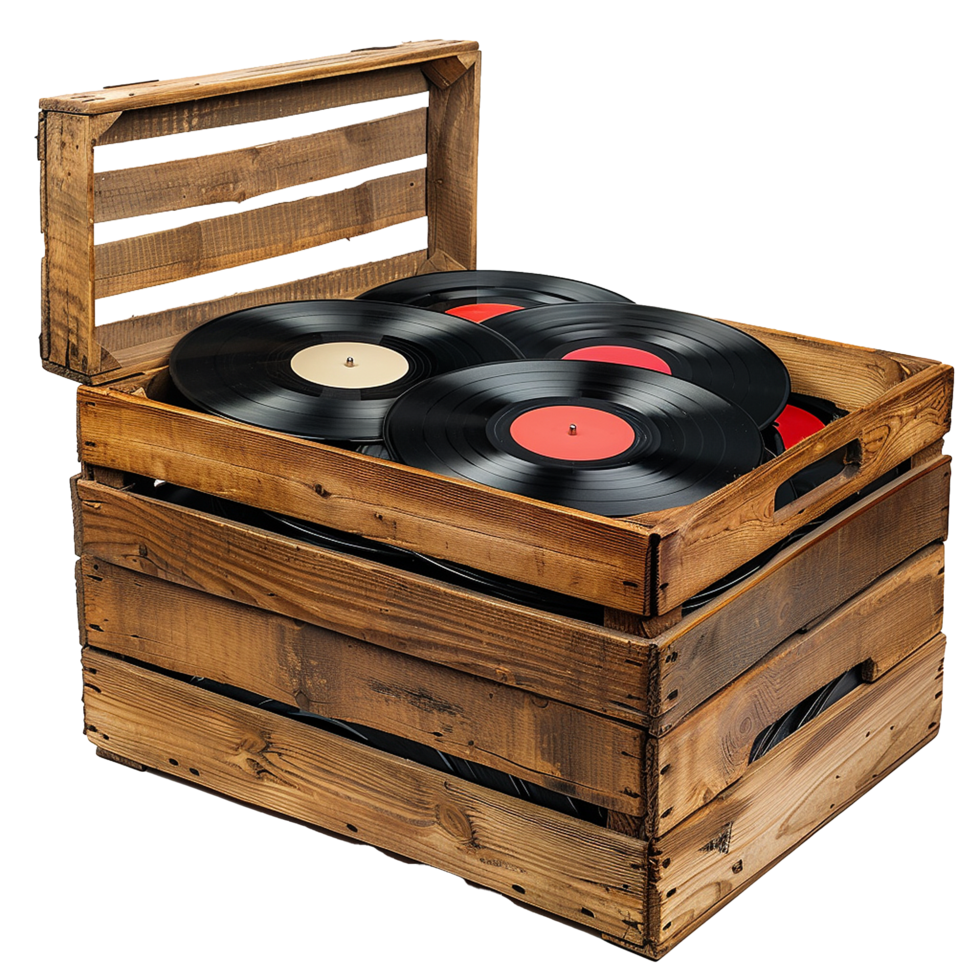 Collection of vinyl records in a rustic wooden crate png