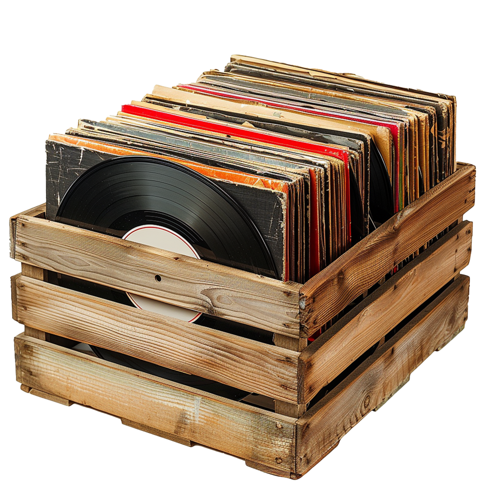 A Collection of Vintage Vinyl Records in a Rustic Wooden Crate png