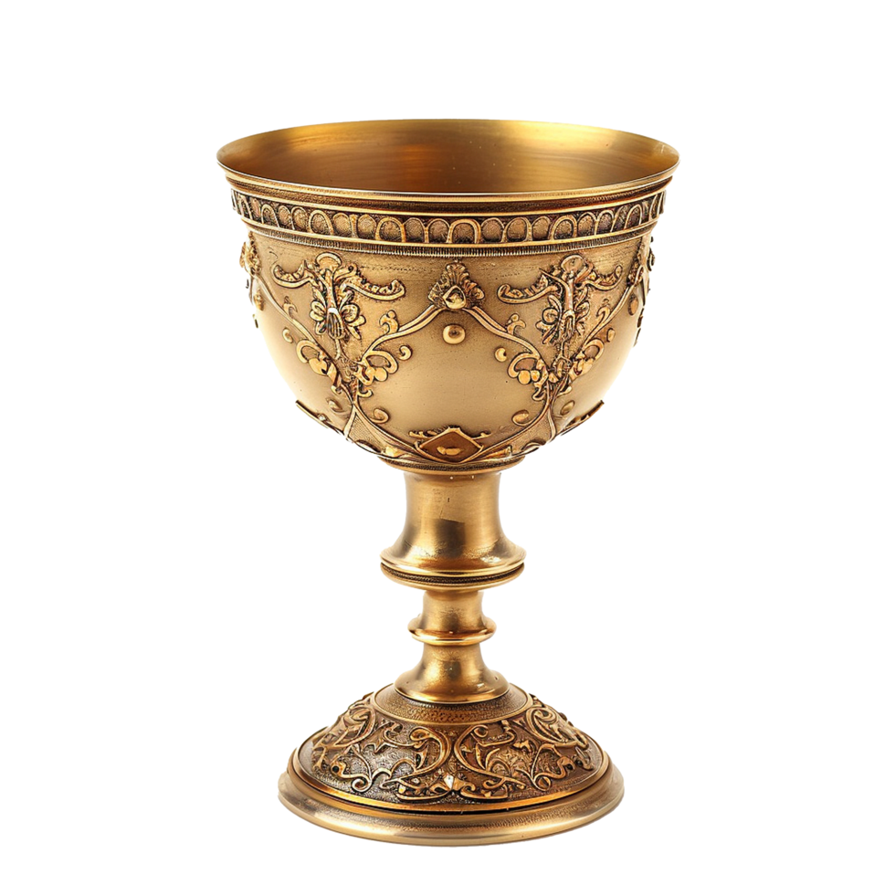 Ornate Antique Gold Chalice Goblet with Intricate Floral and Scroll Design png