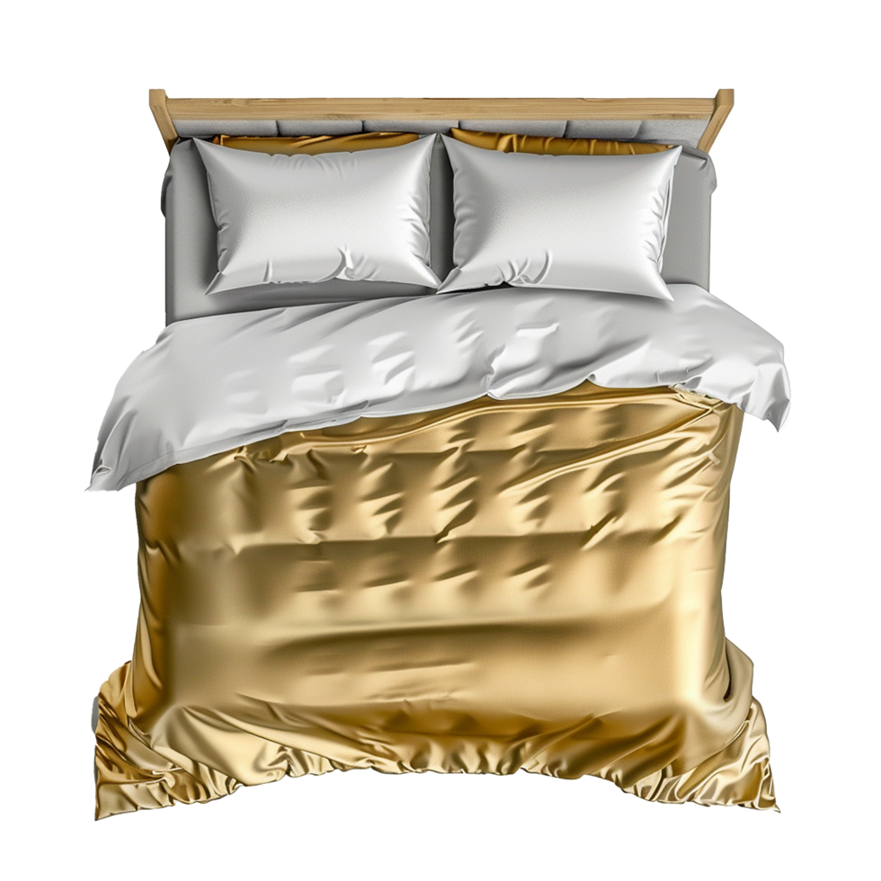 Top View of Luxurious Gold Silk Bedding on Wooden Bed Frame with White Pillows png