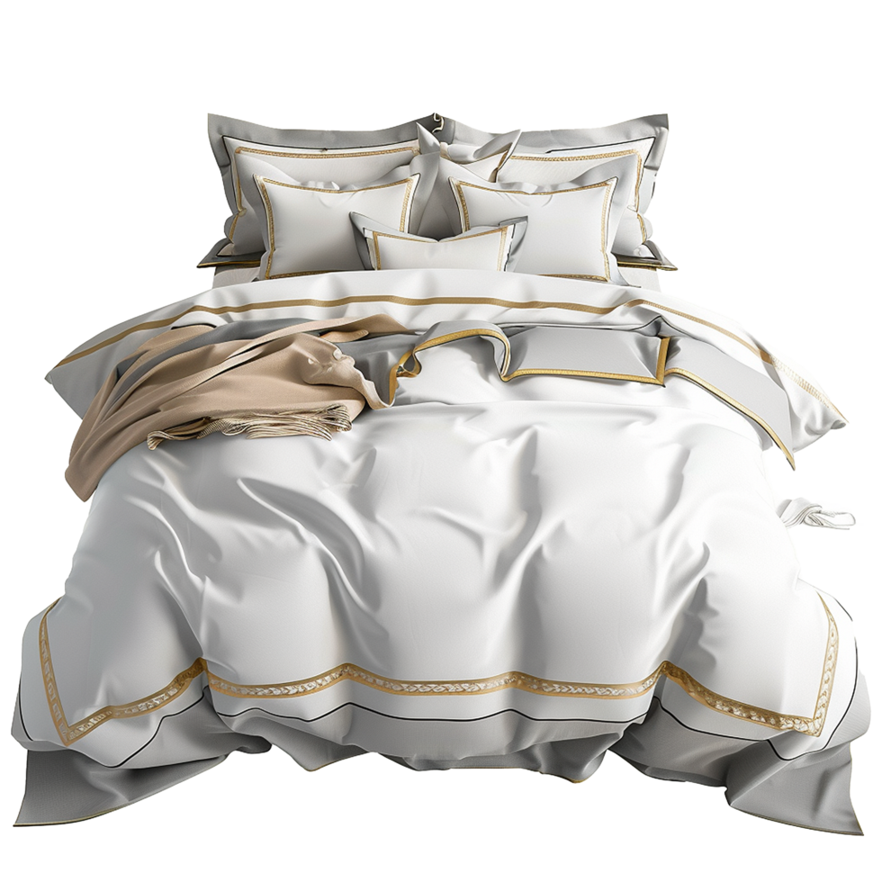 Luxury HotelStyle Bedding Set with Elegant Gold and Gray Accents png