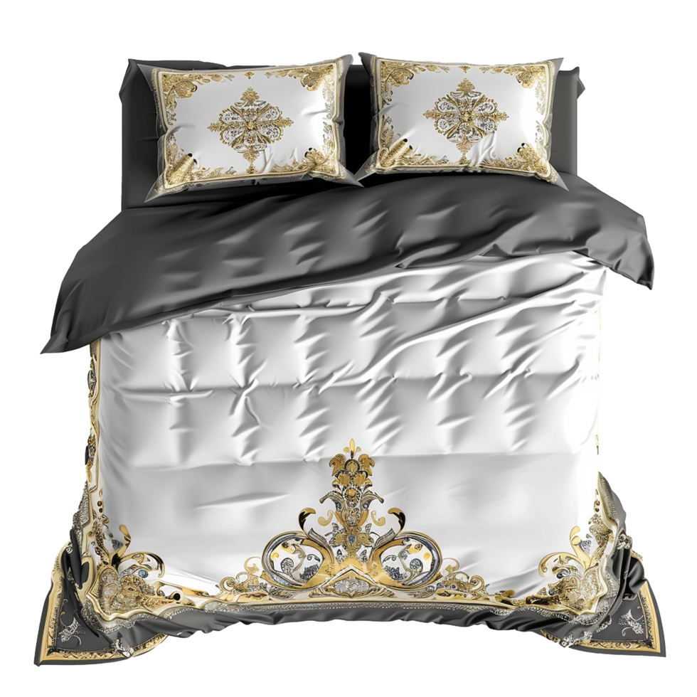 Luxury King Size Bedding Set with Gold Baroque Design and Gray Accents png