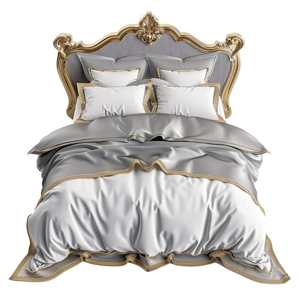 Elegant Gray and Gold Luxury Bed with Ornate Headboard and Premium Bedding png