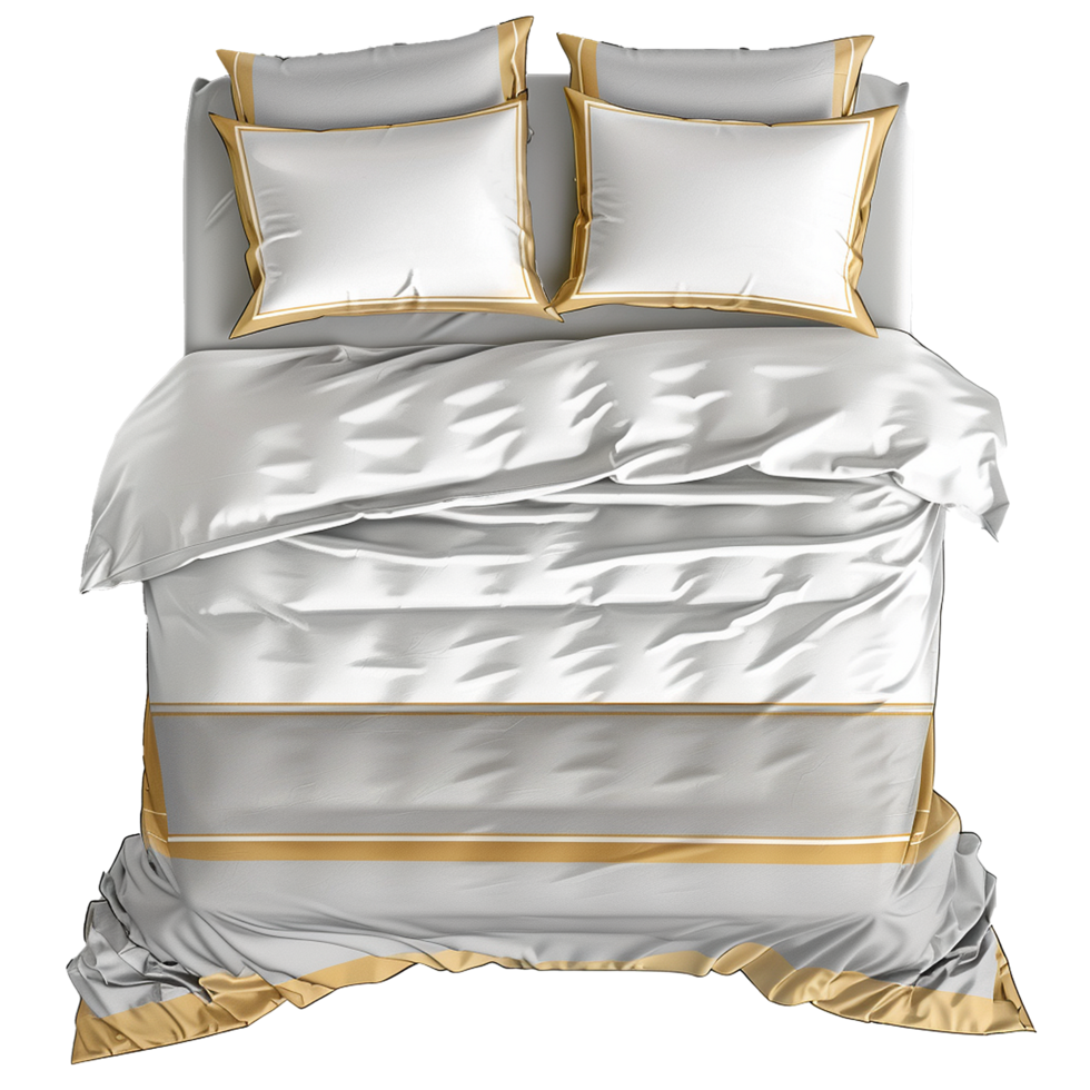 Elegant Gray and Gold Bedding Set Top View Luxurious Hotel Style Bedroom Decor png