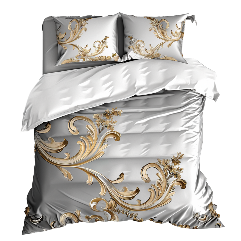 Elegant Gray and Gold Bedding Set with Baroque Design and Floral Accents png