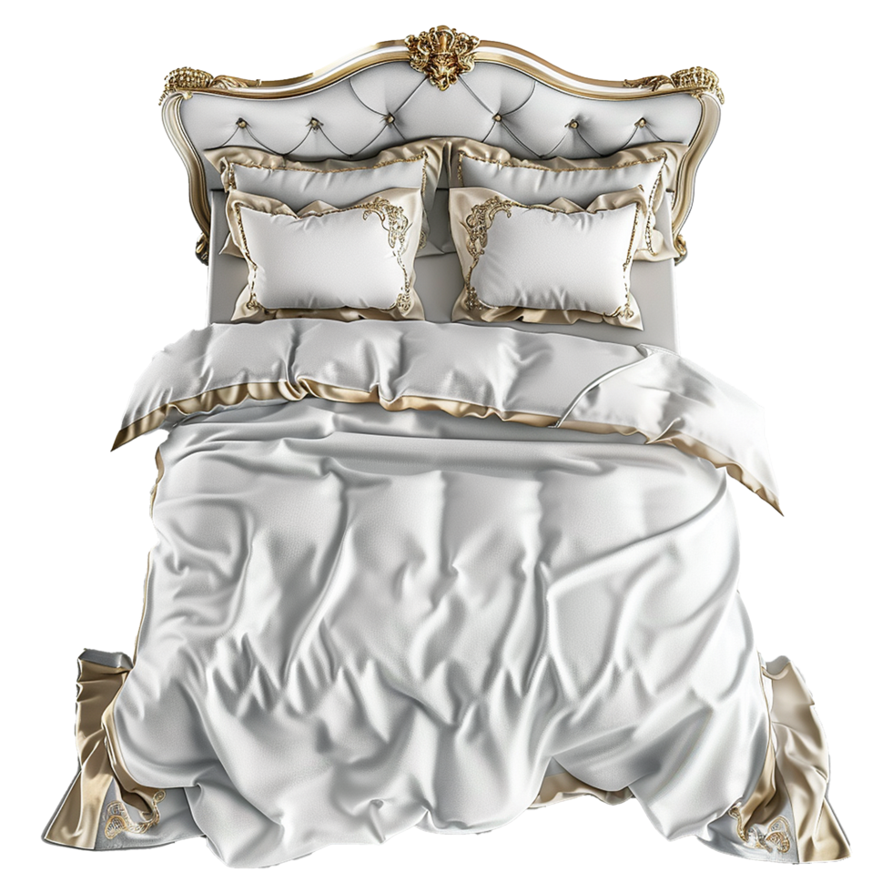 Elegant White and Gold Luxury Bed with Embroidered Pillows and Bedding png