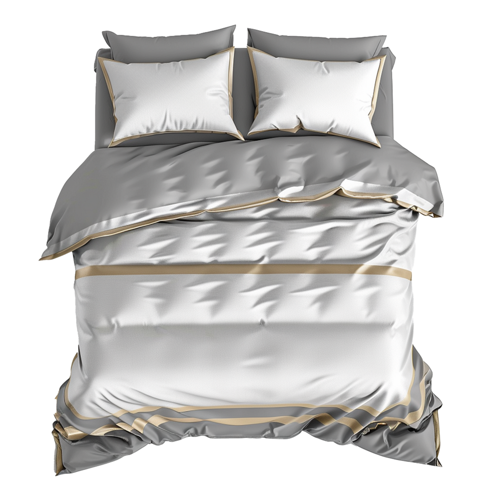 Elegant Gray and White Bedding Set with Beige Stripes Top View Luxury Hotel Style Bedroom Decor Soft Comfortable Sheets Pillows Duvet Cover png