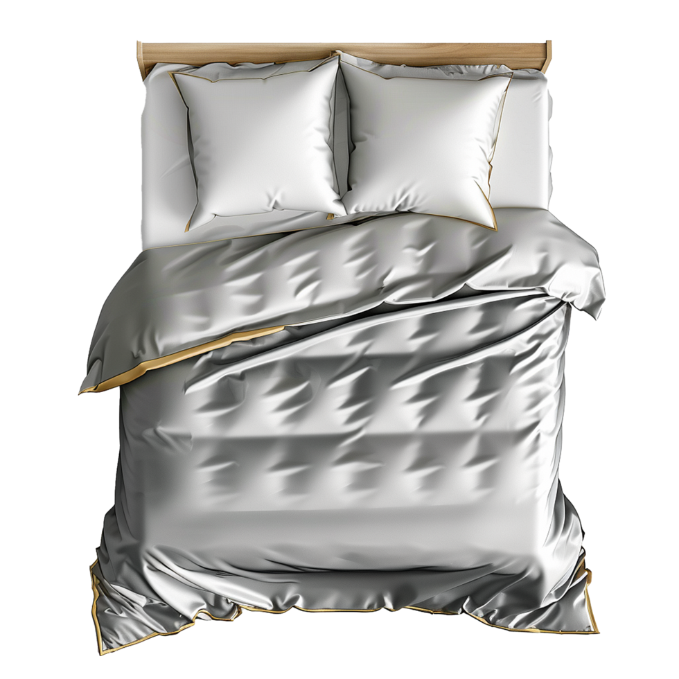 Top View of a Luxurious Silver Bedding Set with Gold Trim on a Wooden Bed Frame png