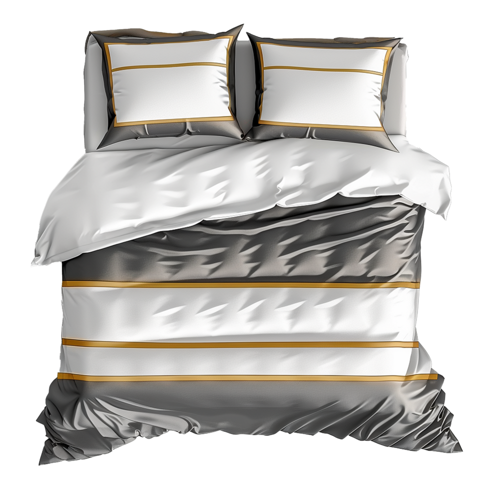 Elegant Grey and White Striped Bedding Set with Gold Accents png