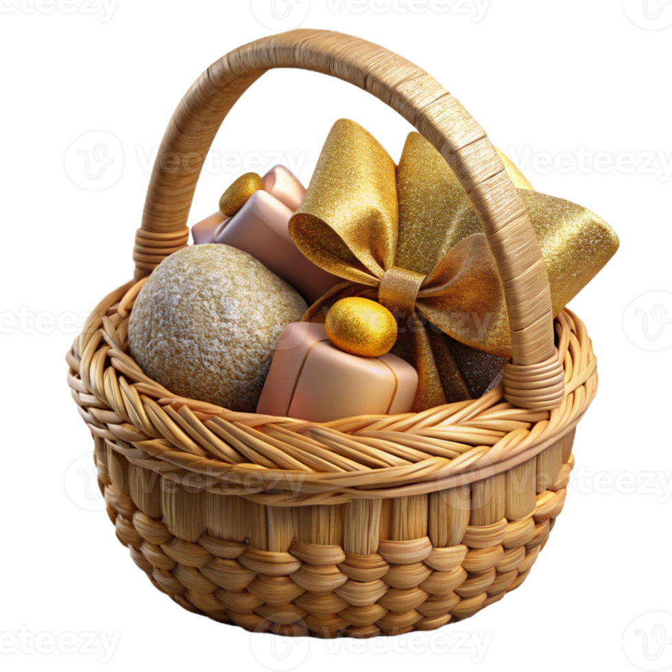 serene creative Gift Basket Wicker Filled Treats Ribbon Tied Cutout png