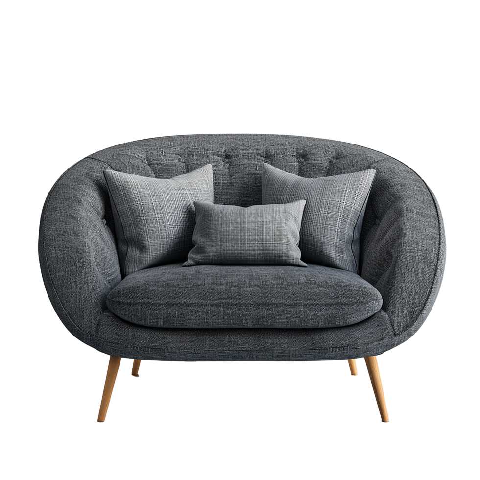 Modern Dark Gray Fabric Sofa with Wooden Legs and Comfortable Pillows png