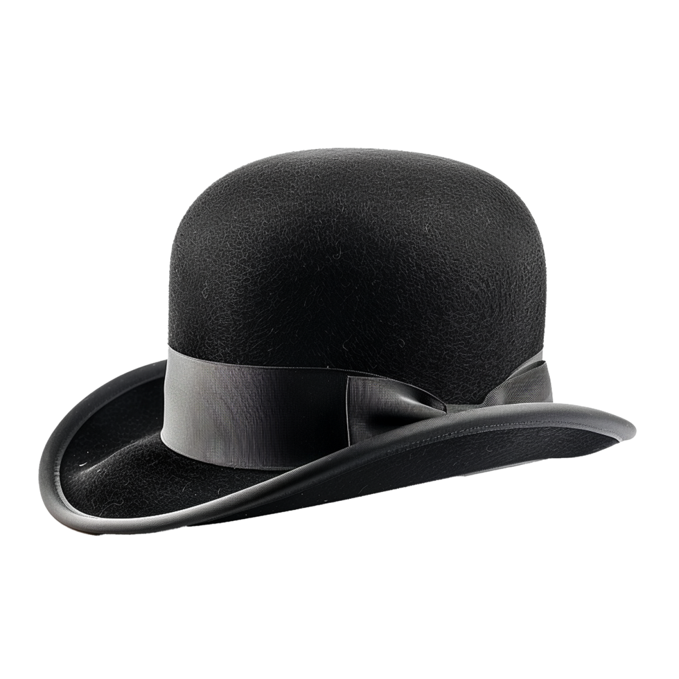 A Classic Black Bowler Hat with a Smooth Sheen and Subtle Gray Band png