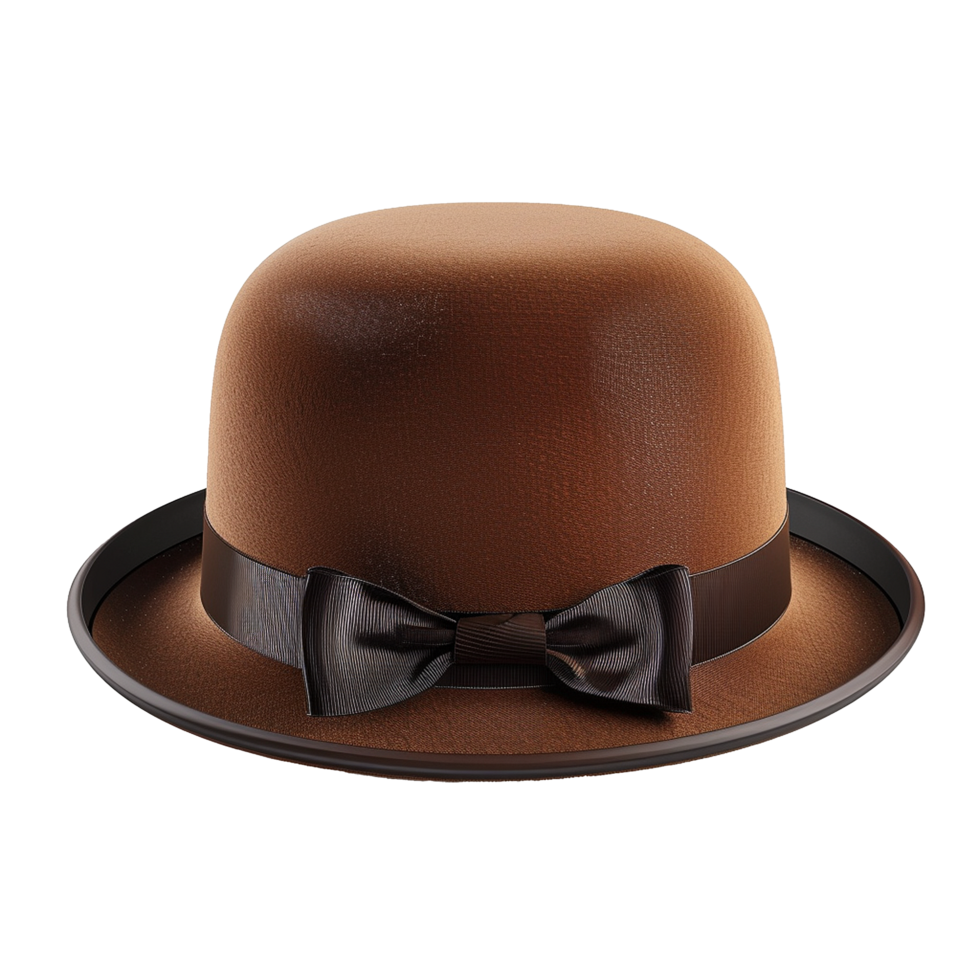 Brown Bowler Hat with Dark Brown Ribbon and Bow A Stylish and Classic Headwear Accessory png