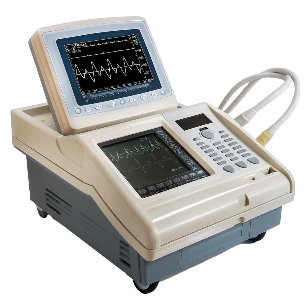 Advanced Medical Diagnostic Equipment with Dual Screens and Multiple Controls for Patient Monitoring png