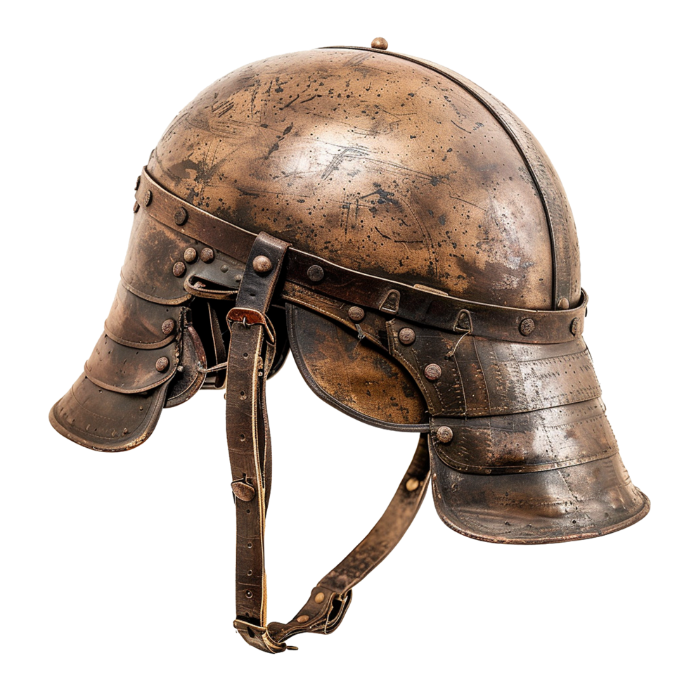 Ancient Bronze RomanStyle Helmet with Leather Straps and Metal Rivets png