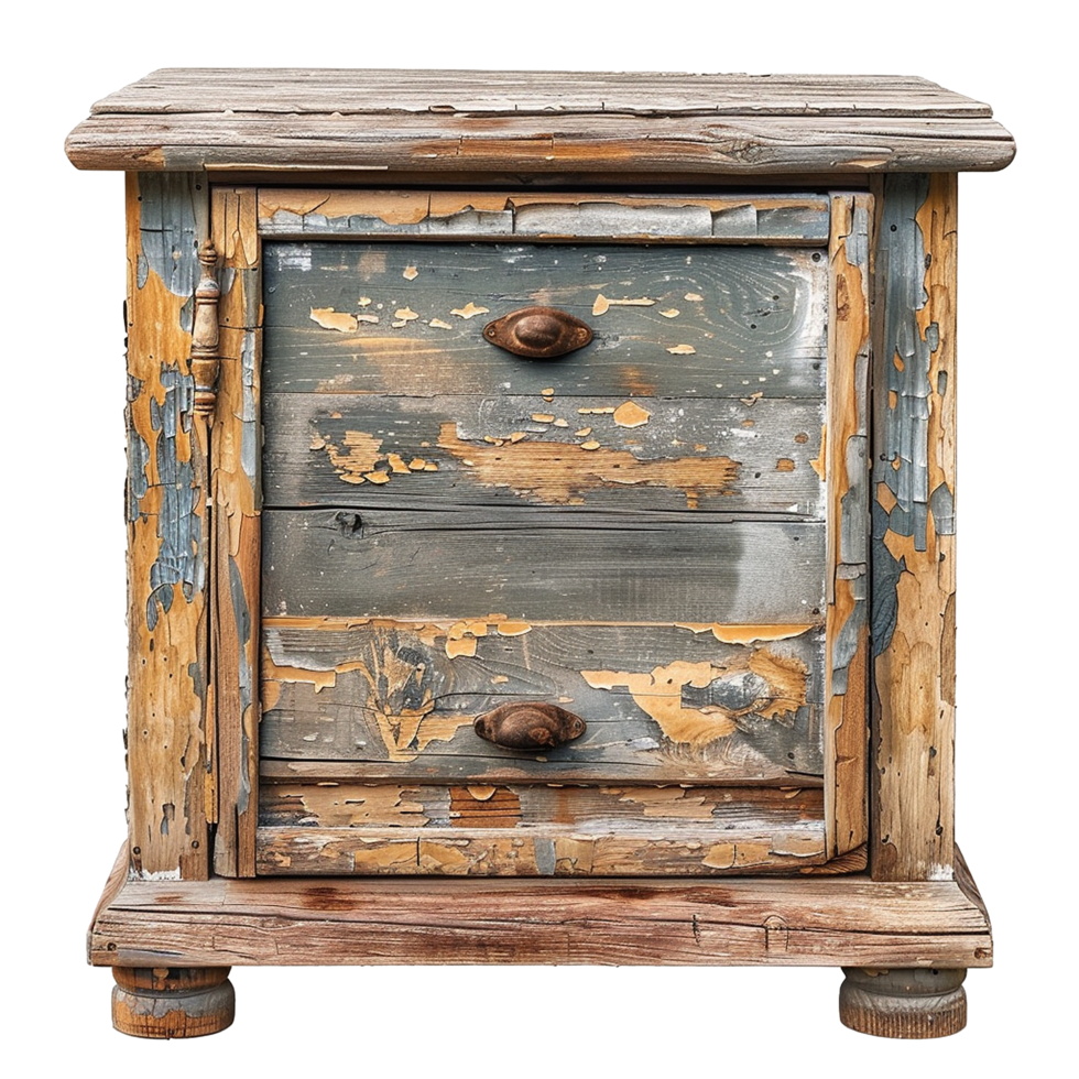 Rustic Distressed Wooden Nightstand with Two Drawers and Peeling Paint png