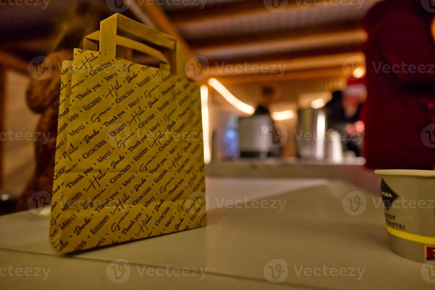 Cozy Indoor Scene with Paper Bag on Table photo