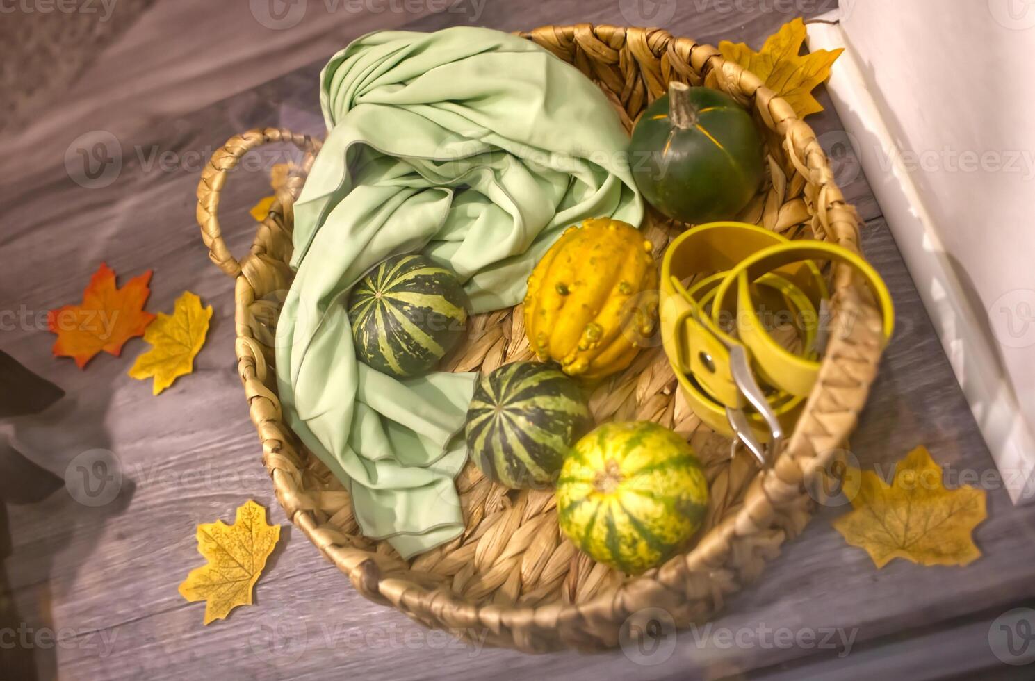 Cozy Autumn Basket with Decorative Gourds photo
