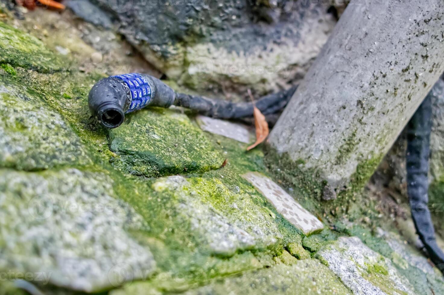 Weathered Hose Connector on Mossy Cobblestones photo