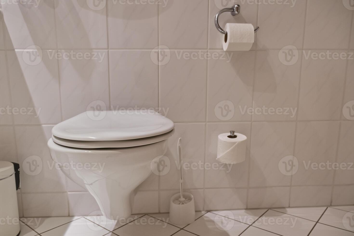 Modern Bathroom with White Toilet and Accessories photo
