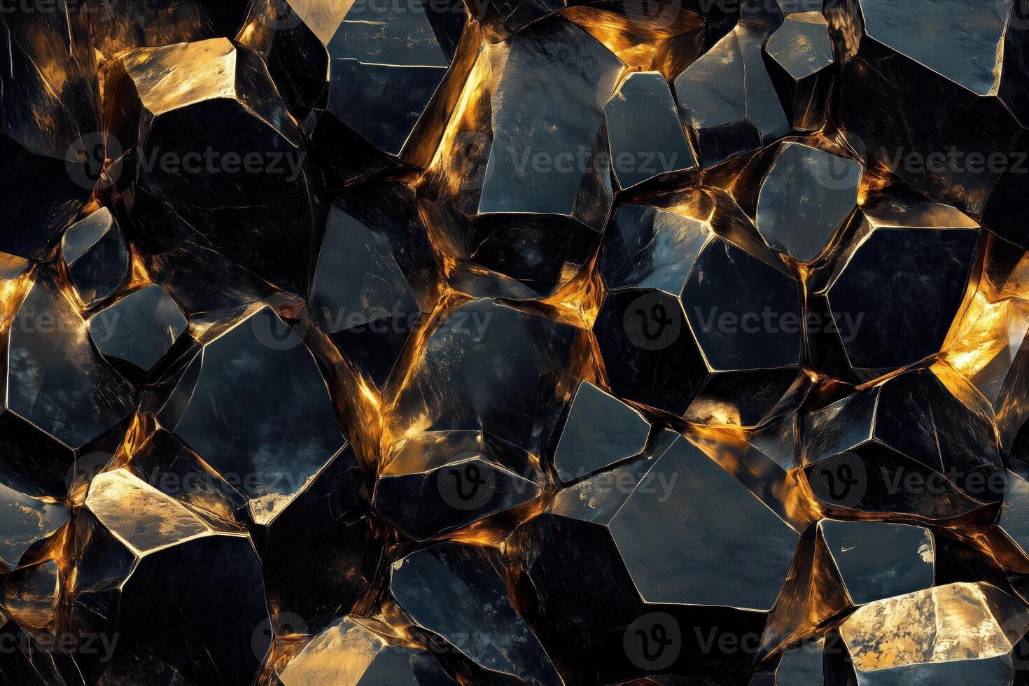 Seamless Gold Obsidian textured surface made of dark, glossy stones with golden highlights. The stones are irregularly shaped, creating a striking contrast between the dark and light areas. photo