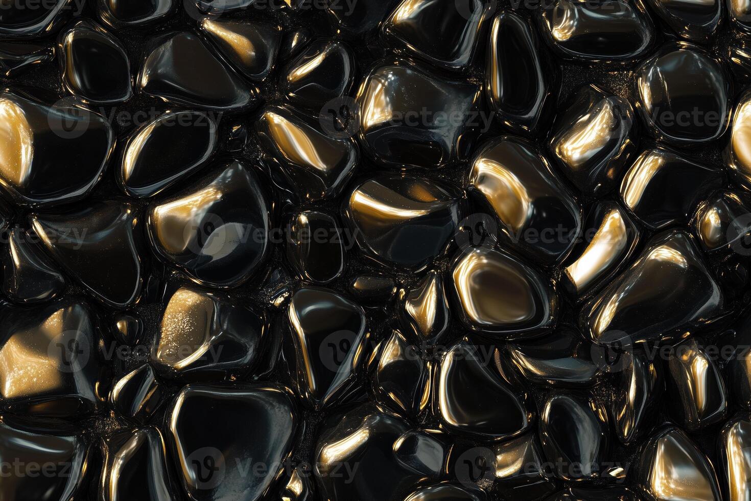 A close-up view of seamless Gold Obsidian shiny black pebbles with smooth surfaces, reflecting light. The pebbles vary in size and shape, creating a textured and glossy appearance. photo