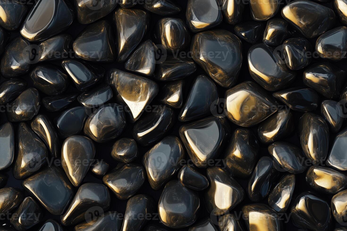 Seamless Gold Obsidian smooth, polished black pebbles arranged closely together, showcasing their shiny surfaces and varied shapes. photo