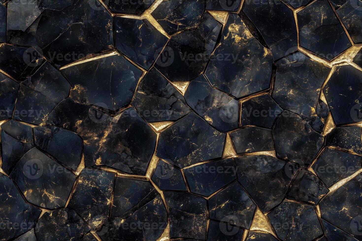 Seamless Gold Obsidian textured surface made of irregular black stones with golden veins. The stones are arranged in a mosaic pattern, showcasing a mix of dark hues and shimmering gold accents. photo