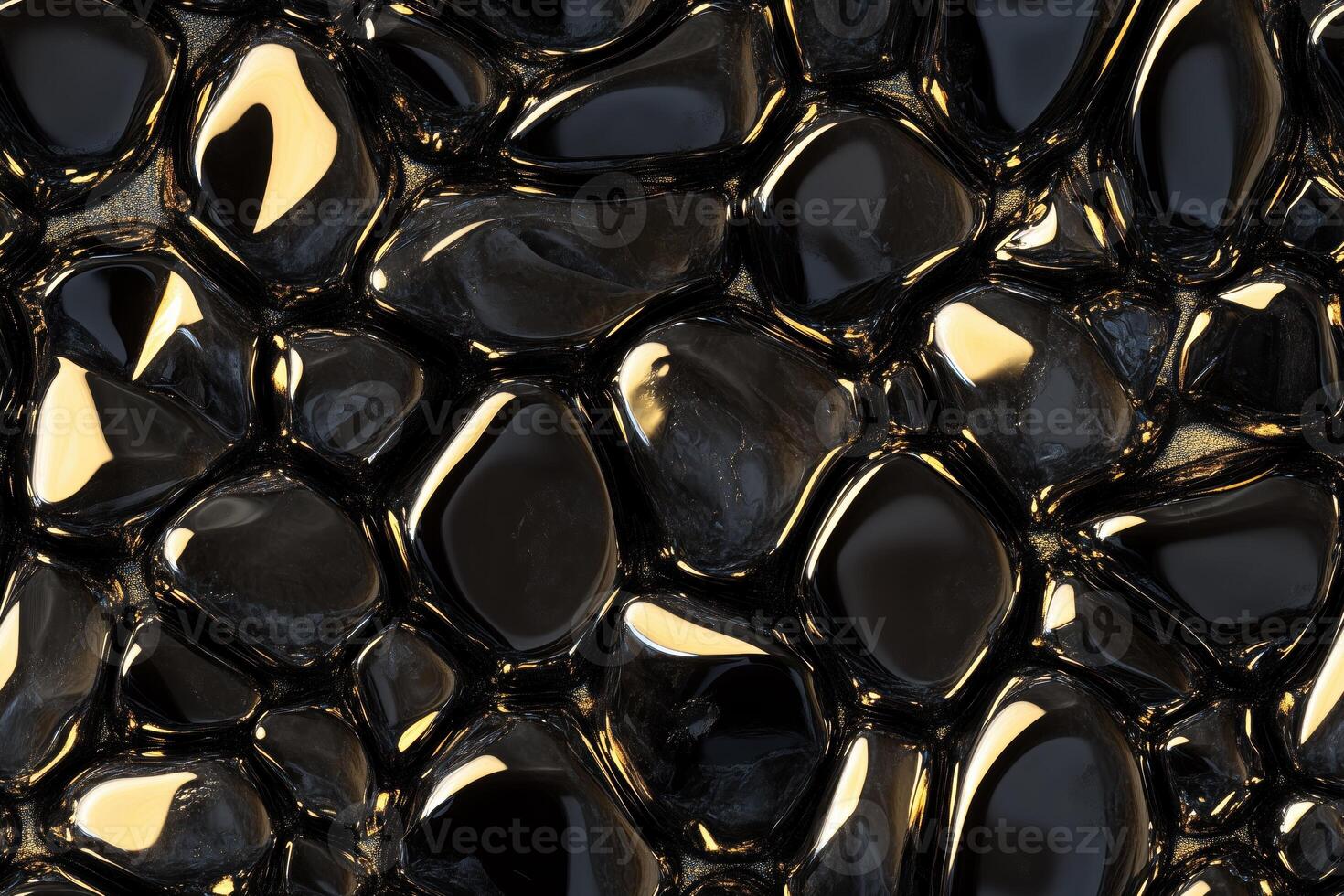Seamless Gold Obsidian glossy, irregularly shaped bubbles or droplets on a dark surface, reflecting light and creating a mesmerizing pattern. photo