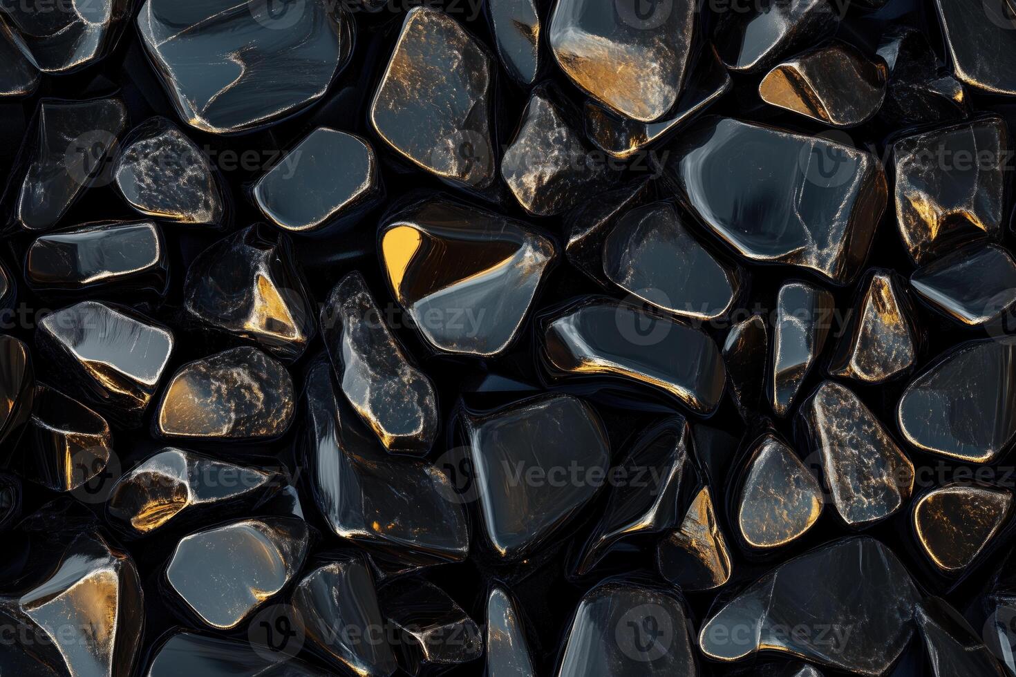 Seamless Gold Obsidian polished black stones with shiny surfaces, reflecting light. The stones vary in shape and size, creating a visually appealing texture. photo
