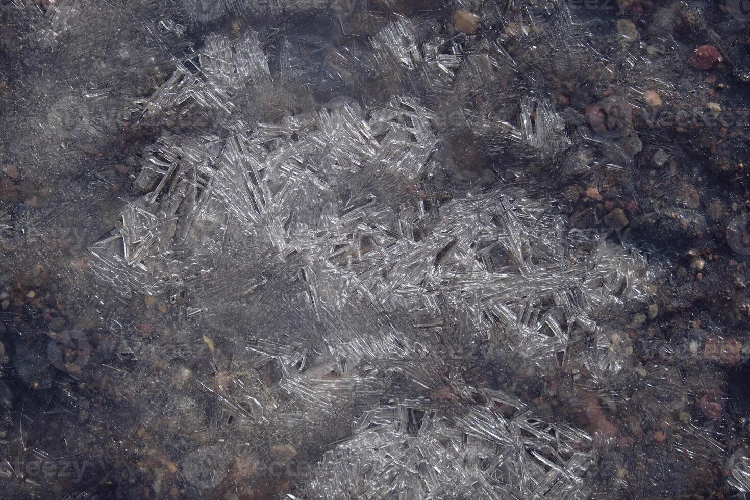 Fragile ice on puddle of water photo