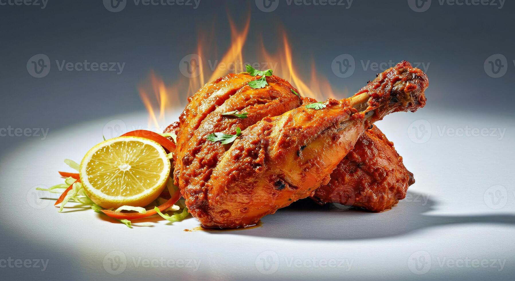 A chicken is on fire with a lemon wedge photo
