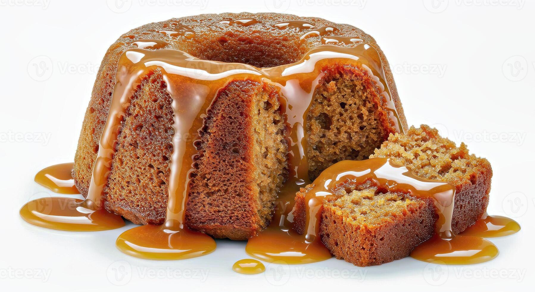 Sticky toffee pudding presented to emphasize its incredibly moist and slightly photo