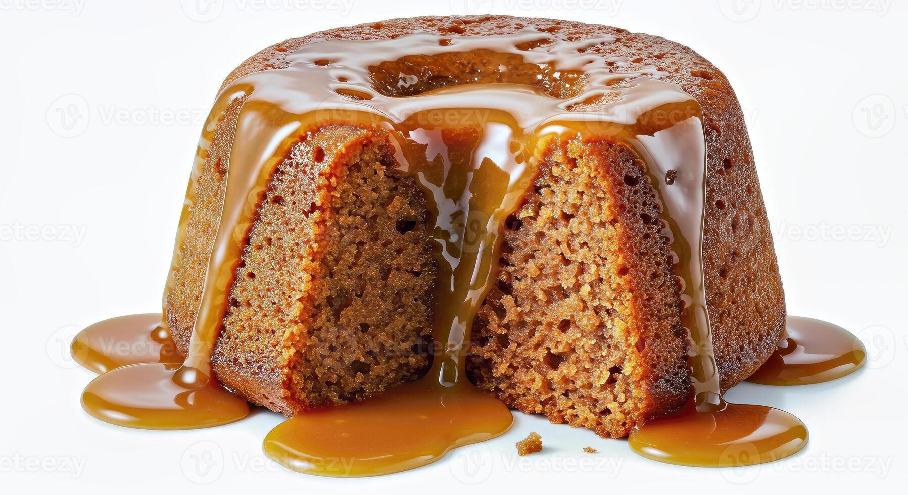 Toffee pudding presented to emphasize its incredibly moist and slightly photo
