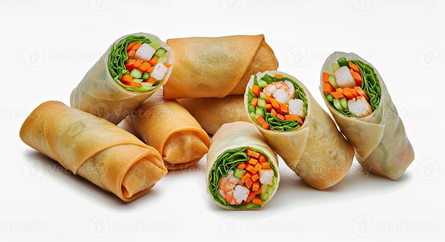 A pile of spring rolls with vegetables on a white background photo