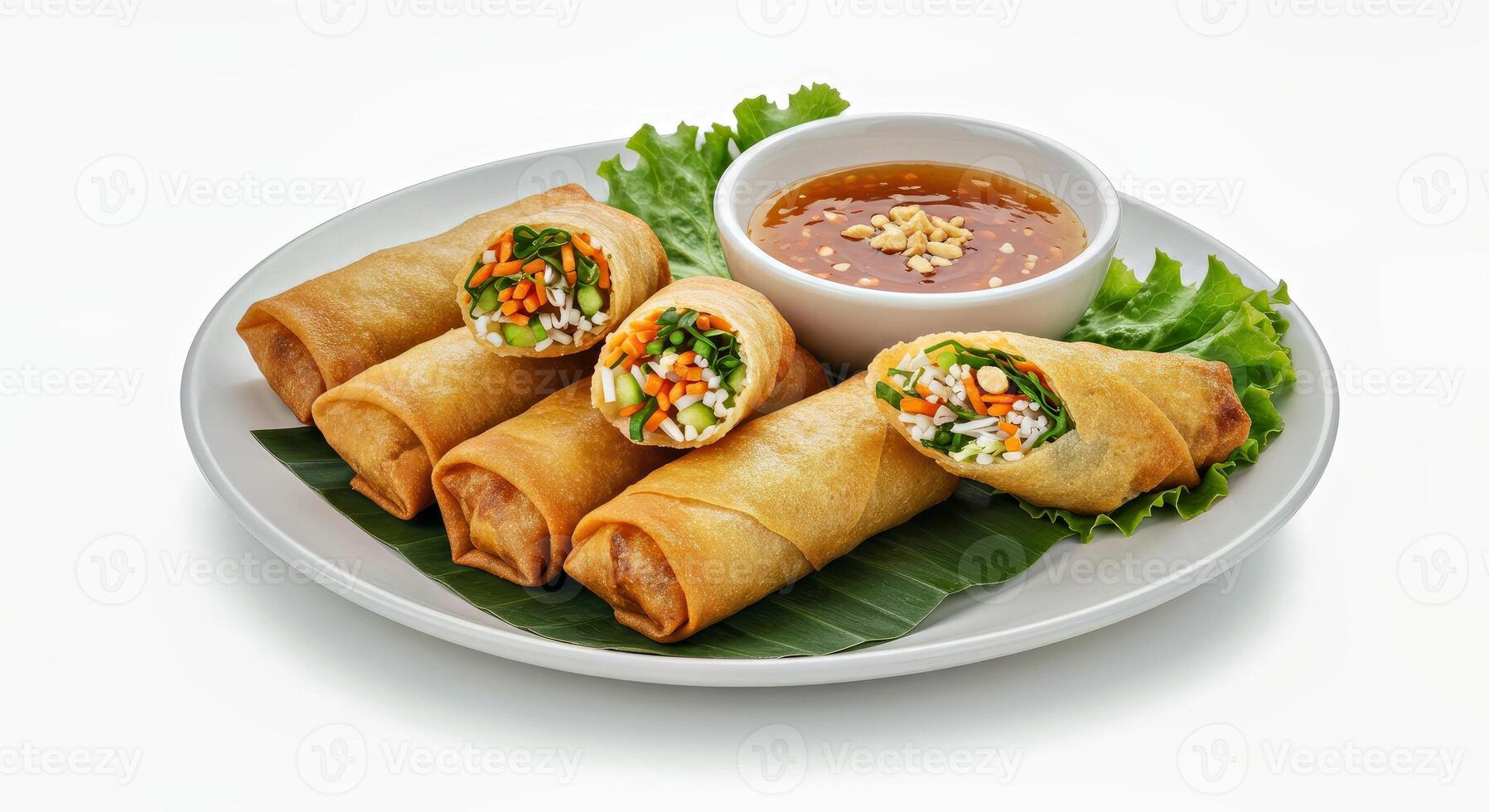 A plate with several spring rolls and dipping sauce photo