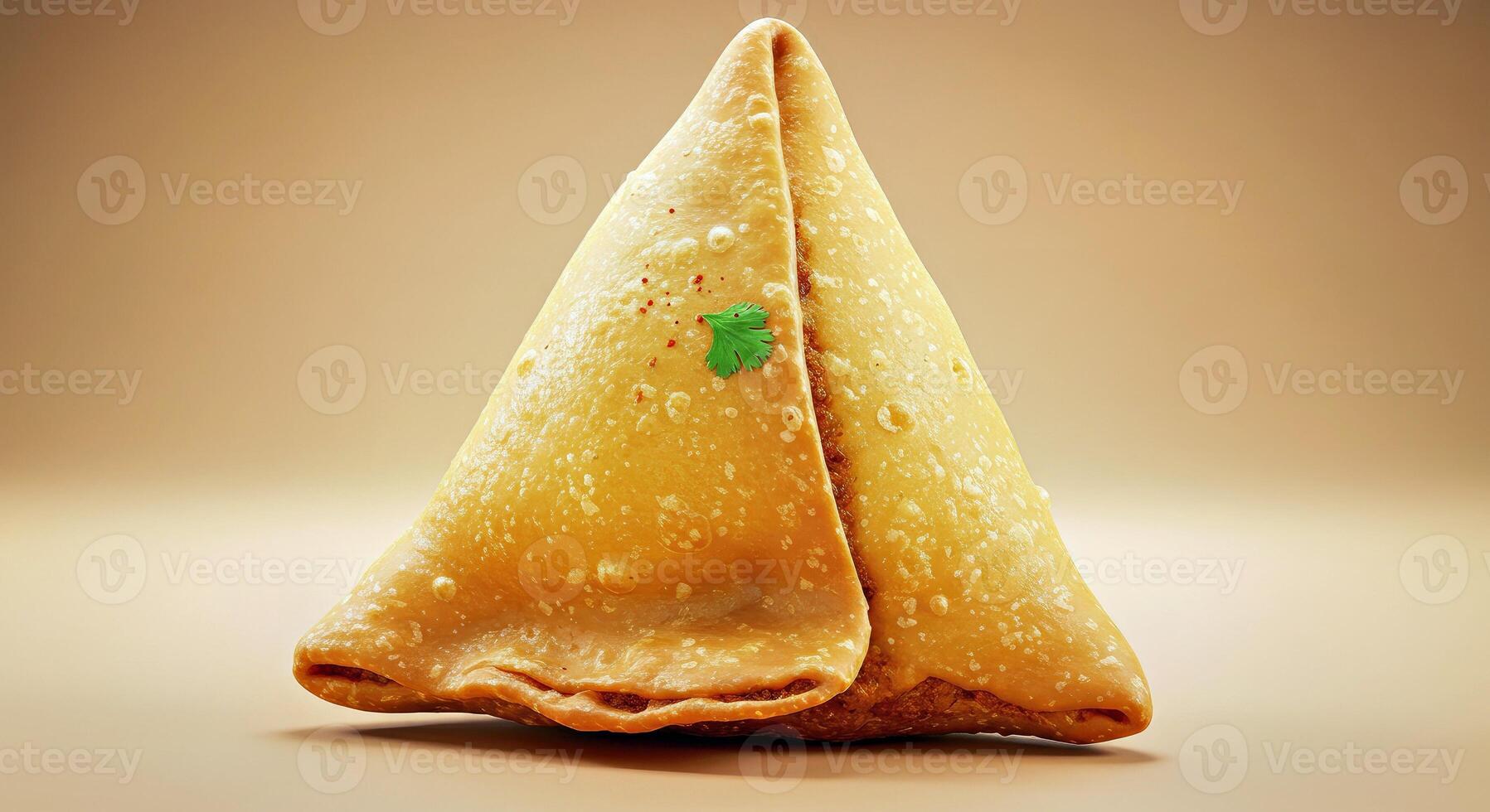 A small triangular pastry with green leaves on it photo