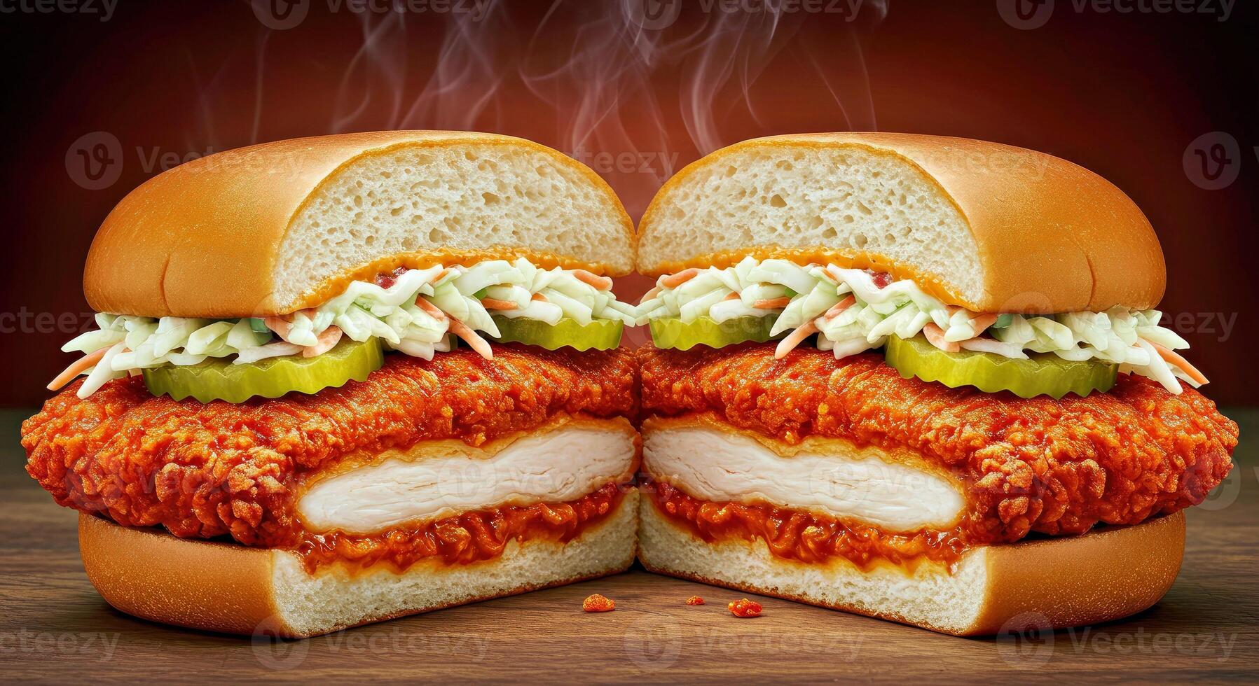 A chicken sandwich with a cut in half photo
